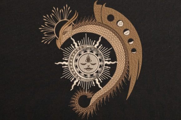 Magic Gold Dragon Sun Moon Embroidery Design