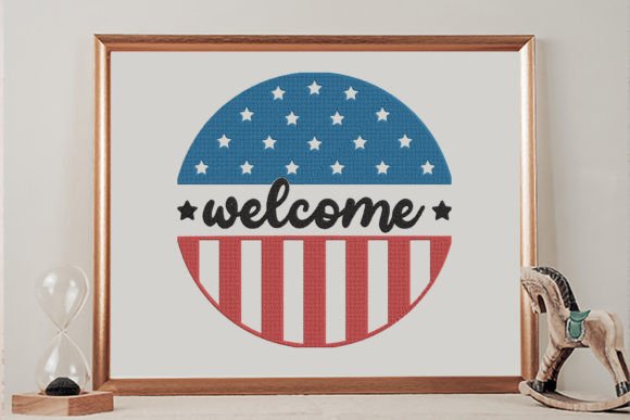 Welcome Circle Sign USA Flag
